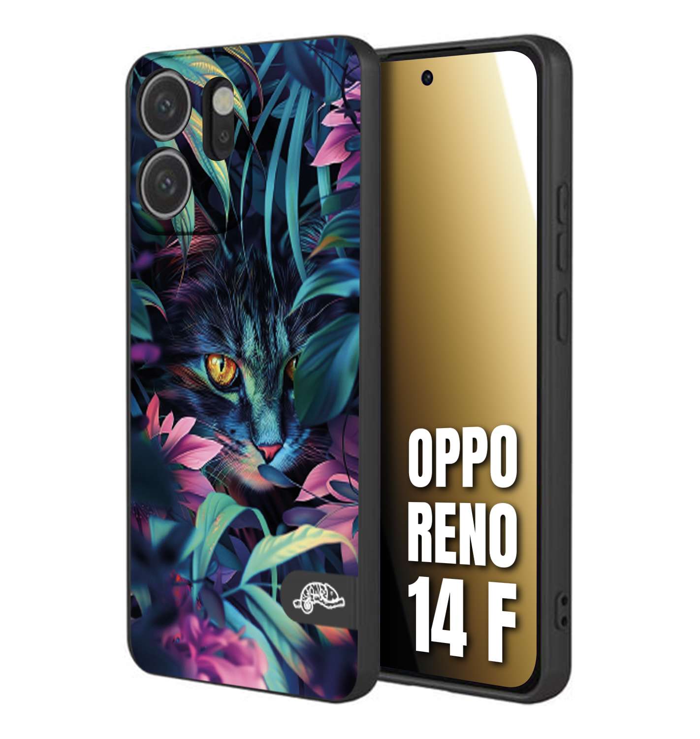 CUSTOMIZZA - Custodia cover nera morbida in tpu compatibile per Oppo Reno 14 F animali color giungla tropicale occhio di gatto colori vibranti disegnato