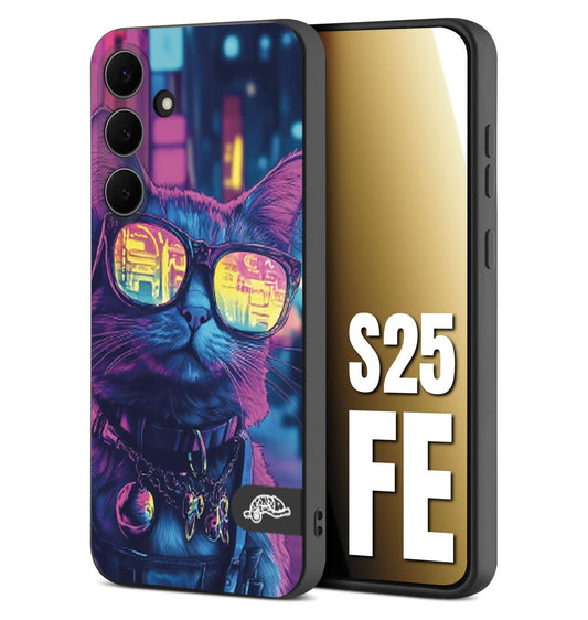 CUSTOMIZZA - Custodia cover nera morbida in tpu compatibile per Samsung S25 FE animali cyberpunk gatto street cat fucsia blu giallo