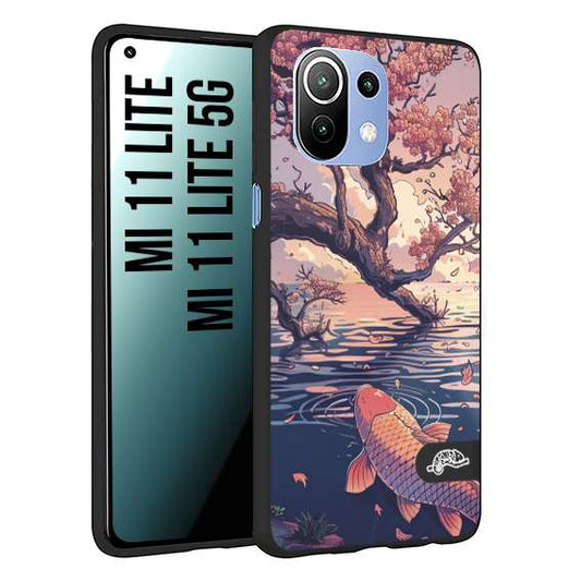 CUSTOMIZZA - Custodia cover nera morbida in tpu compatibile per Xiaomi Mi 11 Lite / Mi 11 Lite 5G giapponese lago carpa koi rosa con foglie d'acero disegnata tattoo