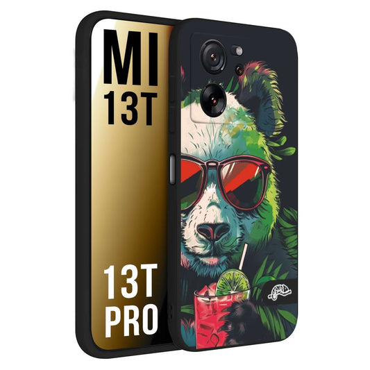 CUSTOMIZZA - Custodia cover nera morbida in tpu compatibile per Xiaomi 13T - 13T PRO estate disegnata cocktails animali simpatici panda mojito