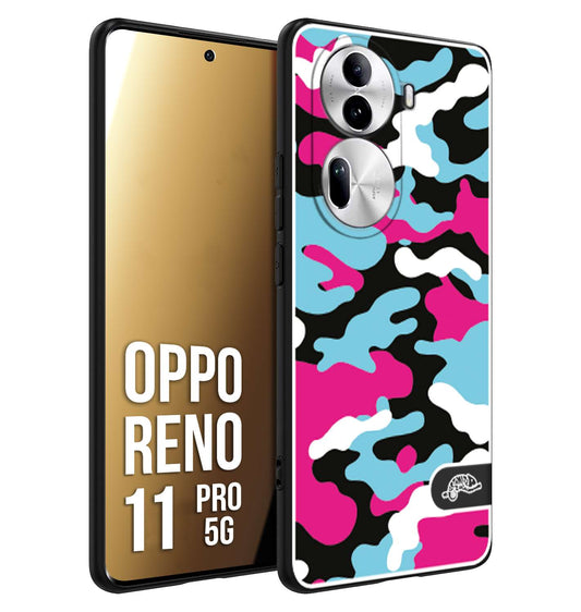 CUSTOMIZZA - Custodia cover nera morbida in tpu compatibile per Oppo Reno 11 PRO 5G camouflage mimetico militare fucsia celeste