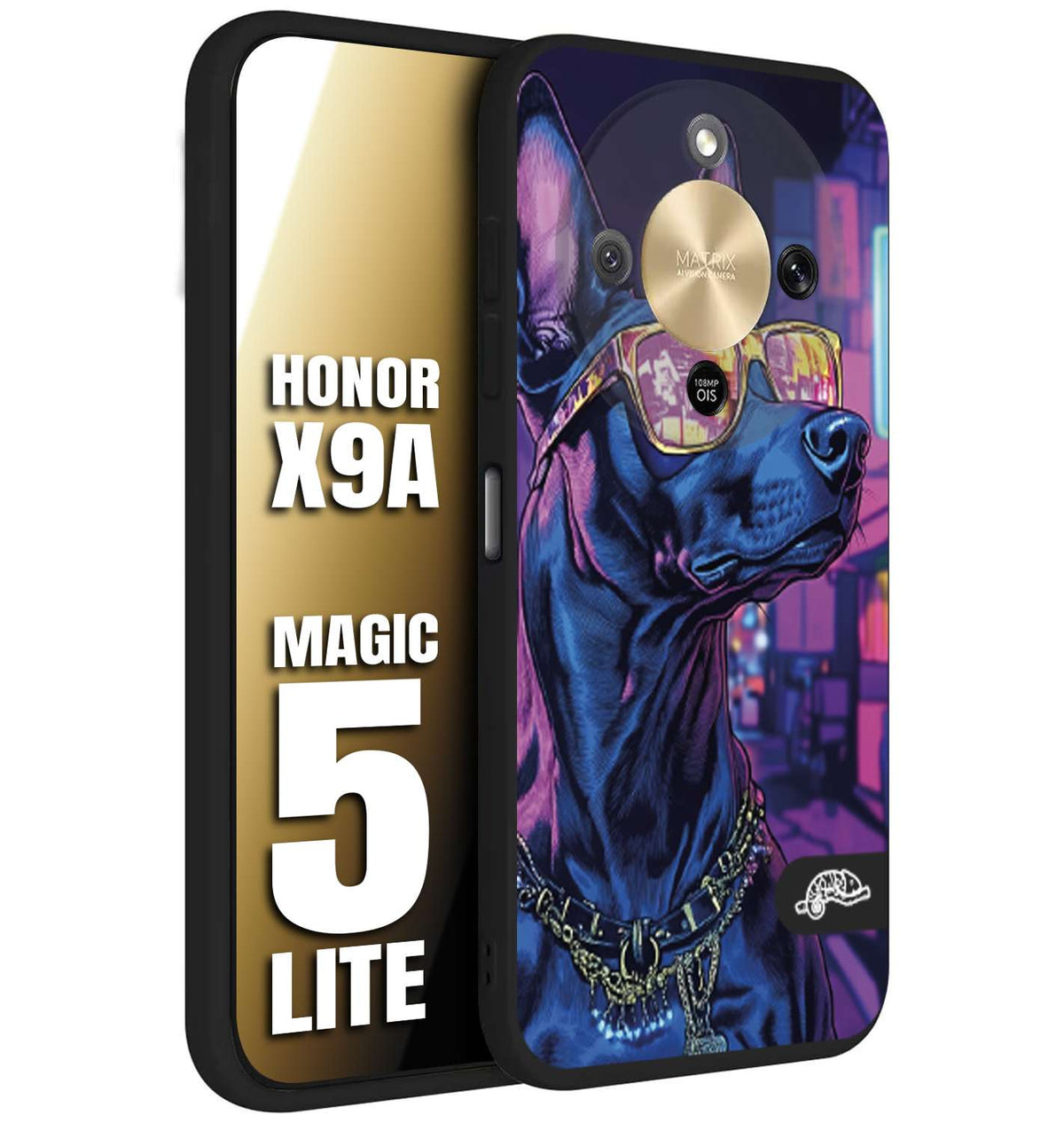 CUSTOMIZZA - Custodia cover nera morbida in tpu compatibile per Honor X9A - Honor Magic 5 Lite animali cyberpunk dobermann cane street dog fucsia blu night