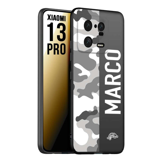 CUSTOMIZZA - Custodia cover nera morbida in tpu compatibile per Xiaomi 13 PRO camouflage mimetico militare personalizzata nome bianco