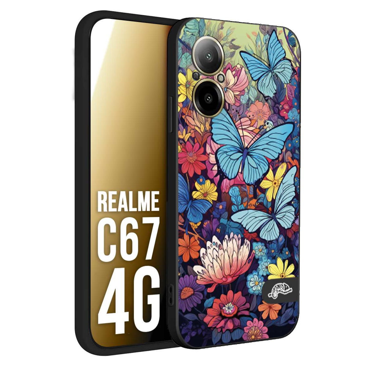 CUSTOMIZZA - Custodia cover nera morbida in tpu compatibile per Realme C67 4G farfalle butterfly moderno donna disegnate gialla blu rosa