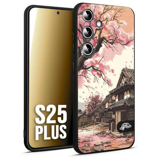 CUSTOMIZZA - Custodia cover nera morbida in tpu compatibile per Samsung S25 PLUS casa giapponese rosa ciliegio in fiore disegnata tattoo
