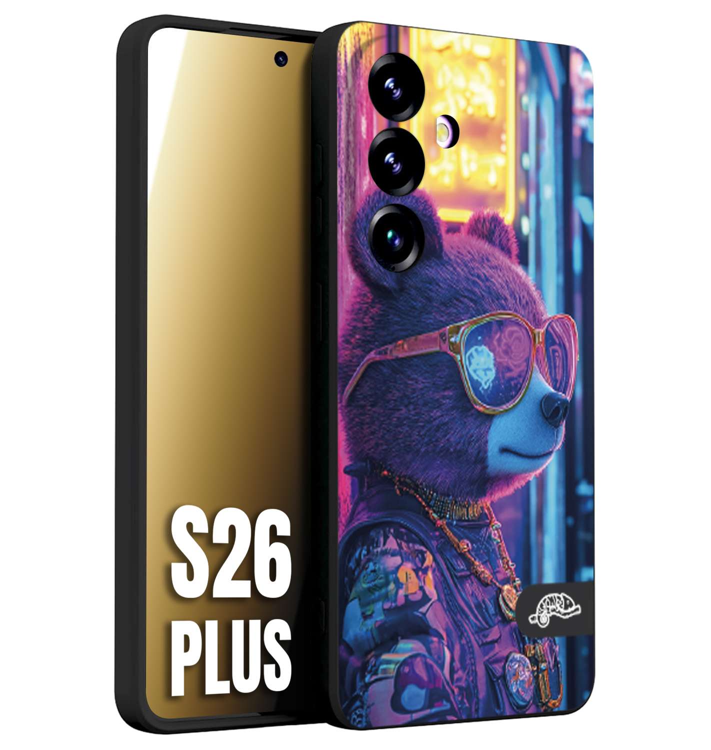CUSTOMIZZA - Custodia cover nera morbida in tpu compatibile per Samsung S26 PLUS animali cyberpunk orsetto orso street bear fucsia blu night