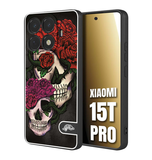 CUSTOMIZZA - Custodia cover nera morbida in tpu compatibile per Xiaomi 15T PRO teschi e rose rosse fucsia skull and roses