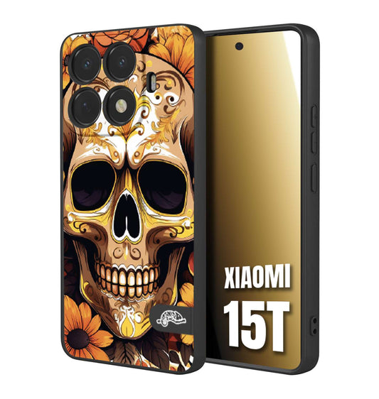 CUSTOMIZZA - Custodia cover nera morbida in tpu compatibile per Xiaomi 15T teschio messicano colorato dorato fiori tattoo disegnato