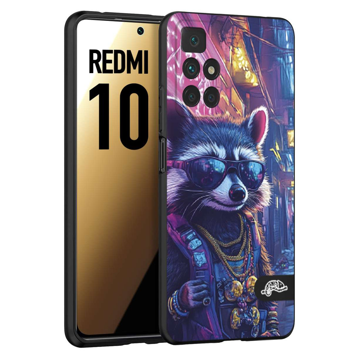 CUSTOMIZZA - Custodia cover nera morbida in tpu compatibile per Xiaomi Redmi 10 animali simpatici cyberpunk procione racoon street cat fucsia blu giallo