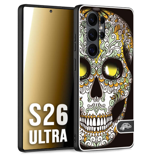 CUSTOMIZZA - Custodia cover nera morbida in tpu compatibile per Samsung S26 ULTRA teschio messicano Mexican skull bianco verde giallo