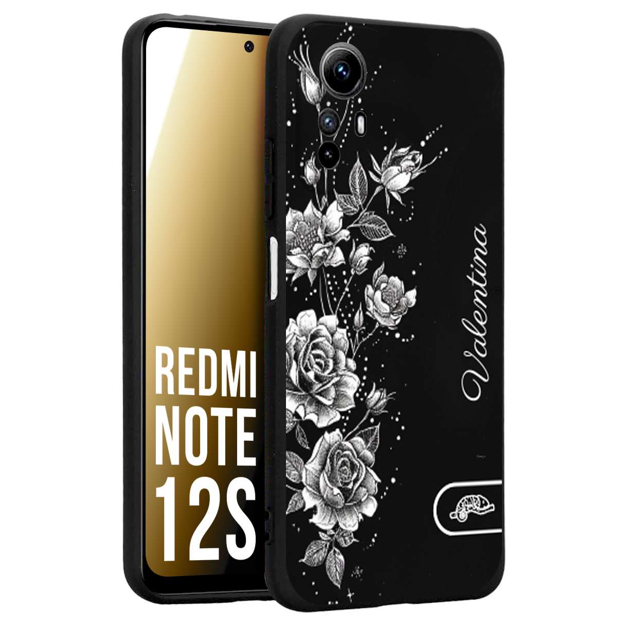 CUSTOMIZZA - Custodia cover nera morbida in tpu compatibile per Xiaomi Redmi Note 12S a rilievo soft touch personalizzata nome rose fiori donna