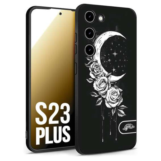 CUSTOMIZZA - Custodia cover nera morbida in tpu compatibile per Samsung S23 PLUS luna e fiori moon flowers black and white bianco a rilievo disegnato