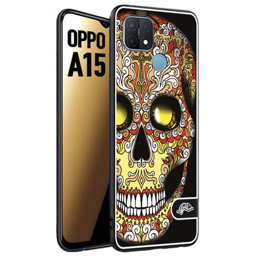 CUSTOMIZZA - Custodia cover nera morbida in tpu compatibile per Oppo A15 teschio messicano Mexican skull giallo rosso arancio