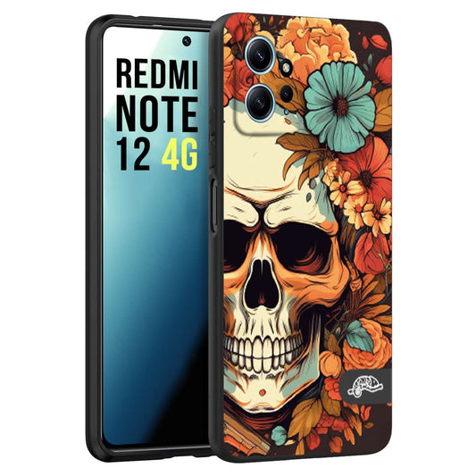 CUSTOMIZZA - Custodia cover nera morbida in tpu compatibile per Xiaomi Redmi Note 12 4G teschio skull flowers fiori autunnali arancio celeste tattoo