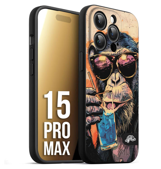 CUSTOMIZZA - Custodia cover nera morbida in tpu compatibile per iPhone 15 PRO MAX estate disegnata cocktails animali simpatici scimmia monkey negroni