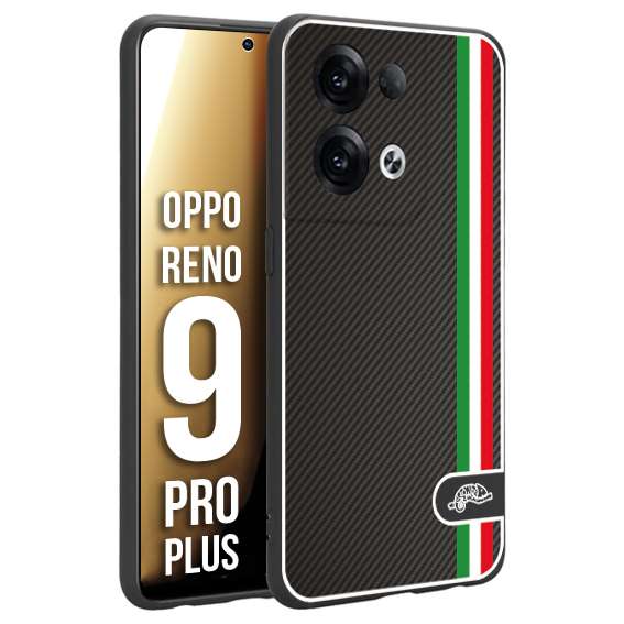 CUSTOMIZZA - Custodia cover nera morbida in tpu compatibile per Oppo Reno 9 PRO PLUS effetto fibra di carbonio bandiera Italia made in Italy