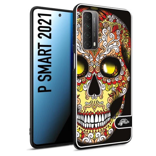 CUSTOMIZZA - Custodia cover nera morbida in tpu compatibile per Huawei P Smart 2021 teschio messicano Mexican skull giallo rosso arancio