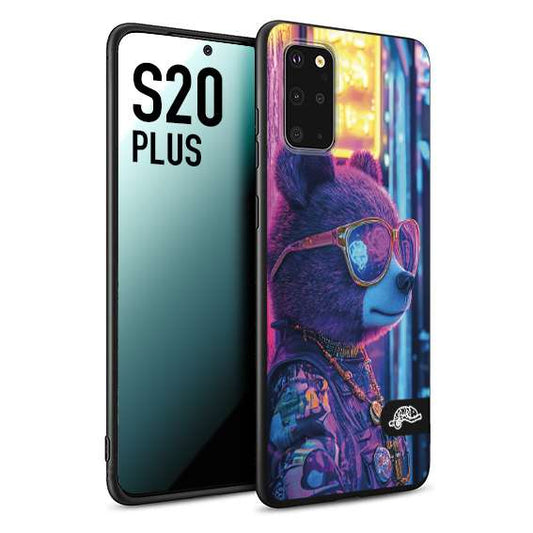 CUSTOMIZZA - Custodia cover nera morbida in tpu compatibile per Samsung S20 PLUS animali cyberpunk orsetto orso street bear fucsia blu night
