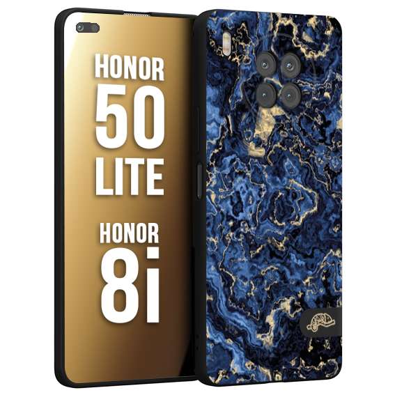 CUSTOMIZZA - Custodia cover nera morbida in tpu compatibile per Honor 8i - Honor 50 LITE effetto marmo marble blu venature dorato psichedelico