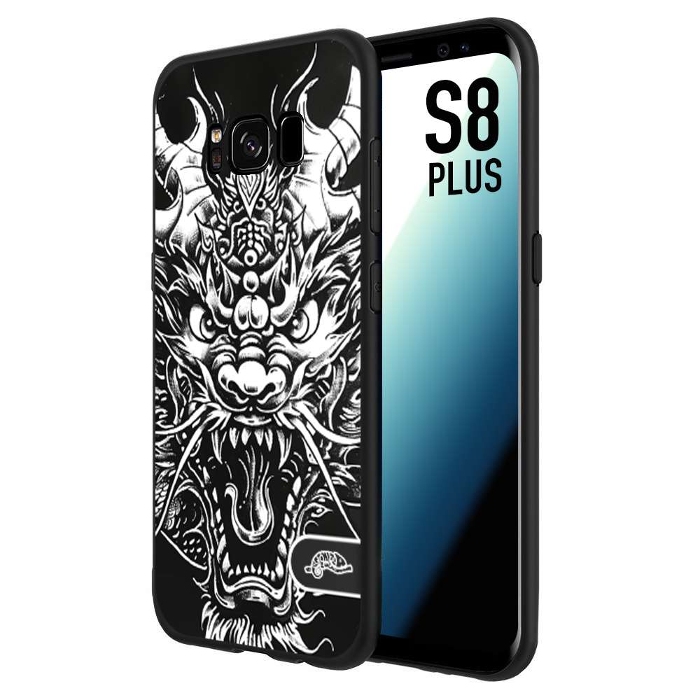 CUSTOMIZZA - Custodia cover nera morbida in tpu compatibile per Samsung S8 PLUS drago black and white bianco a rilievo disegnato tattoo tatuaggio