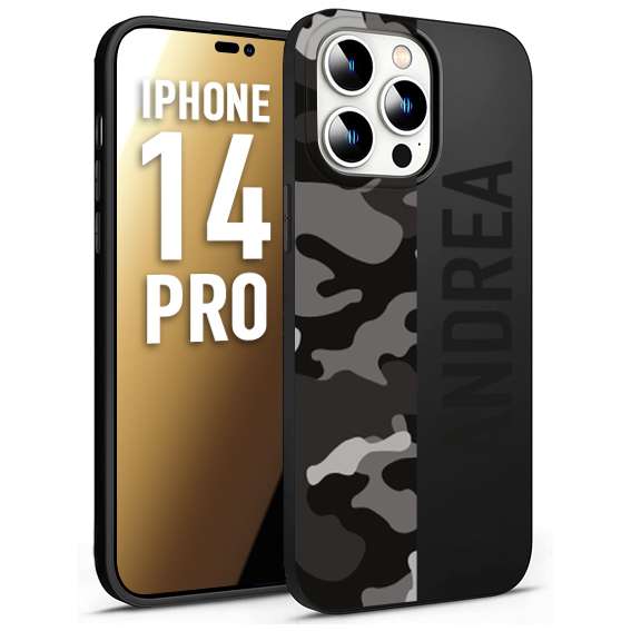 CUSTOMIZZA - Custodia cover nera morbida in tpu compatibile per iPhone 14 PRO camouflage mimetico militare personalizzata nome