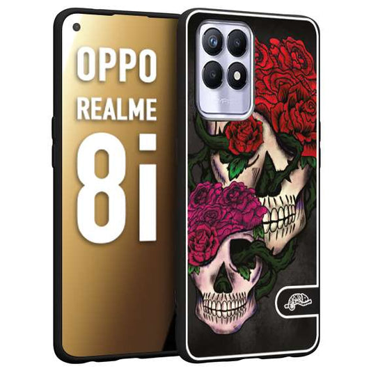 CUSTOMIZZA - Custodia cover nera morbida in tpu compatibile per Oppo Realme 8i teschi e rose rosse fucsia skull and roses