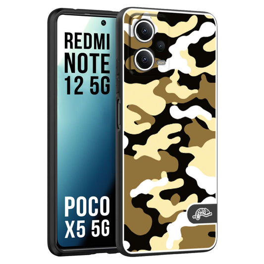 CUSTOMIZZA - Custodia cover nera morbida in tpu compatibile per Xiaomi Redmi Note 12 5G - POCO X5 5G camouflage mimetico militare giallo desert brown