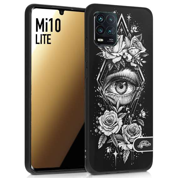 CUSTOMIZZA - Custodia cover nera morbida in tpu compatibile per Xiaomi Mi 10 LITE occhio fiori rombo geometrico black and white bianco a rilievo disegnato tattoo tatuaggio