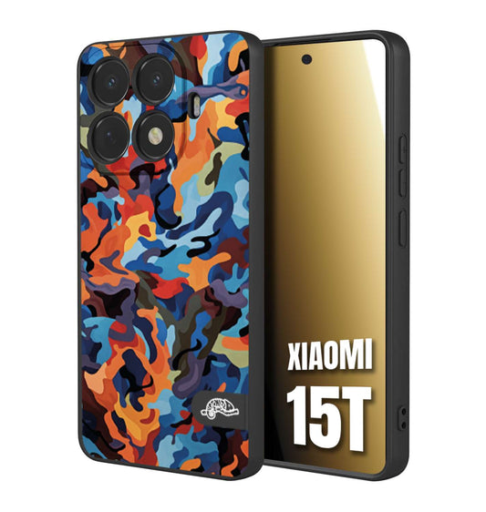 CUSTOMIZZA - Custodia cover nera morbida in tpu compatibile per Xiaomi 15T camouflage mimetico militare moderno blu arancio rosso