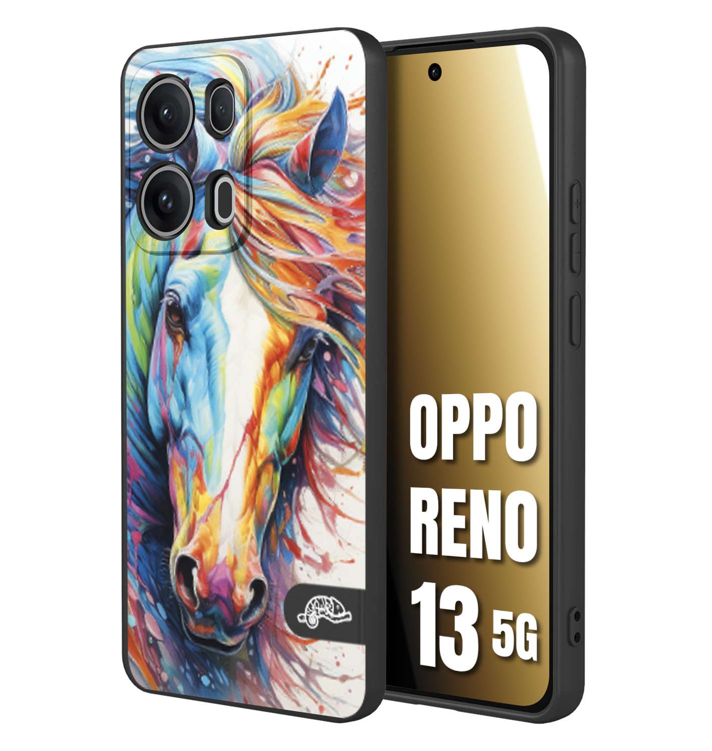 CUSTOMIZZA - Custodia cover nera morbida in tpu compatibile per Oppo Reno 13 5G animali color cavallo horse viso colori vibranti disegnato schizzo