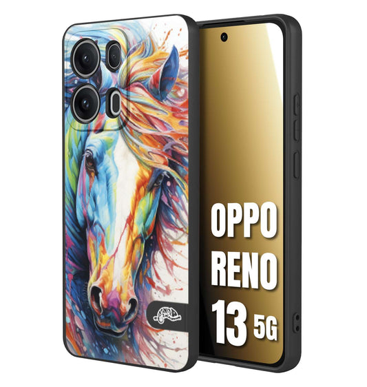 CUSTOMIZZA - Custodia cover nera morbida in tpu compatibile per Oppo Reno 13 5G animali color cavallo horse viso colori vibranti disegnato schizzo
