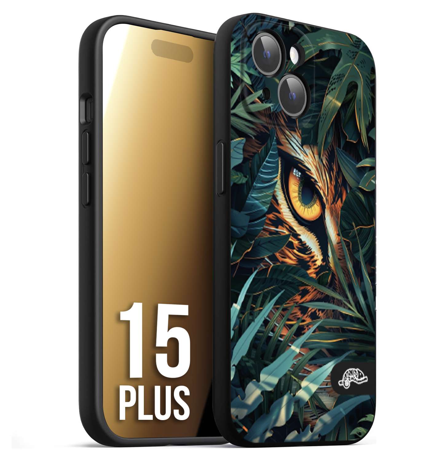 CUSTOMIZZA - Custodia cover nera morbida in tpu compatibile per iPhone 15 PLUS animali color giungla tropicale occhio di giaguaro felino disegnato