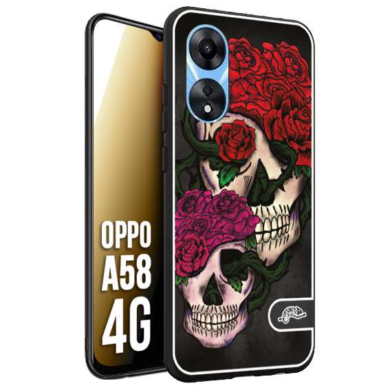 CUSTOMIZZA - Custodia cover nera morbida in tpu compatibile per Oppo A58 4G teschi e rose rosse fucsia skull and roses