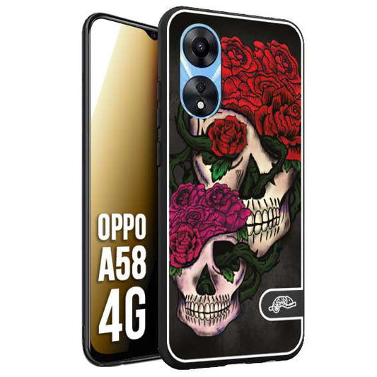 CUSTOMIZZA - Custodia cover nera morbida in tpu compatibile per Oppo A58 4G teschi e rose rosse fucsia skull and roses