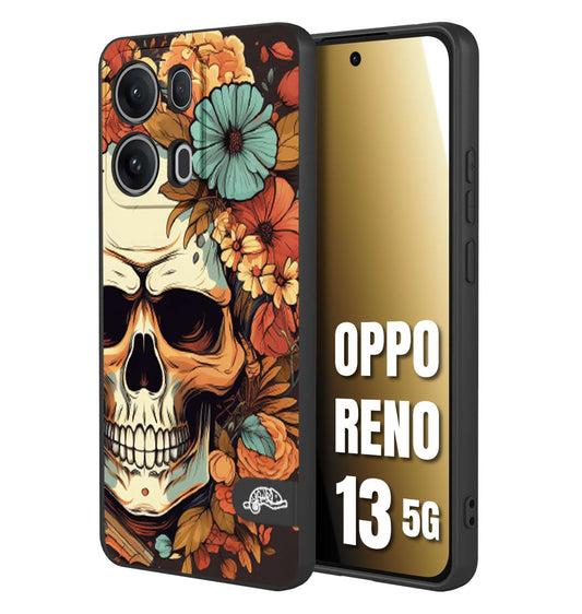 CUSTOMIZZA - Custodia cover nera morbida in tpu compatibile per Oppo Reno 13 5G teschio skull flowers fiori autunnali arancio celeste tattoo