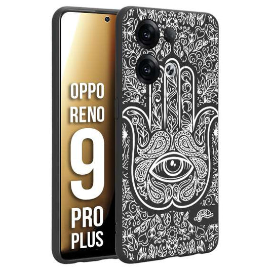 CUSTOMIZZA - Custodia cover nera morbida in tpu compatibile per Oppo Reno 9 PRO PLUS mano di fatima effetto rilievo mandala donna