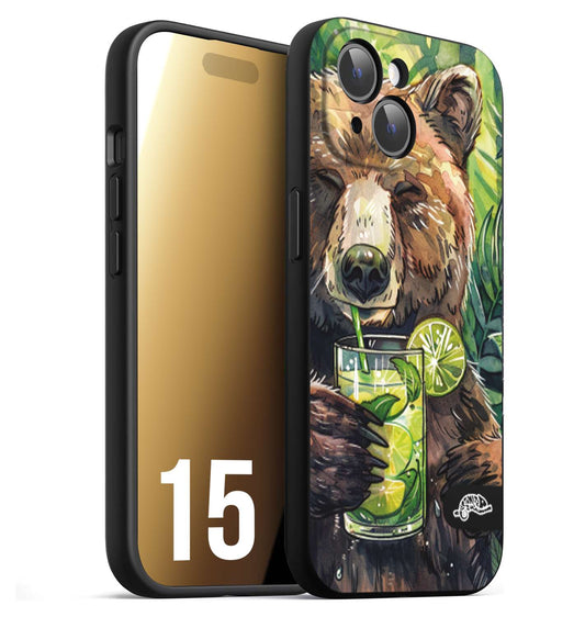 CUSTOMIZZA - Custodia cover nera morbida in tpu compatibile per iPhone 15 estate disegnata cocktails animali simpatici orso bear negroni