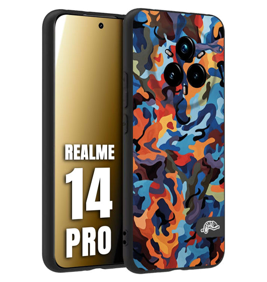 CUSTOMIZZA - Custodia cover nera morbida in tpu compatibile per Realme 14 PRO camouflage mimetico militare moderno blu arancio rosso