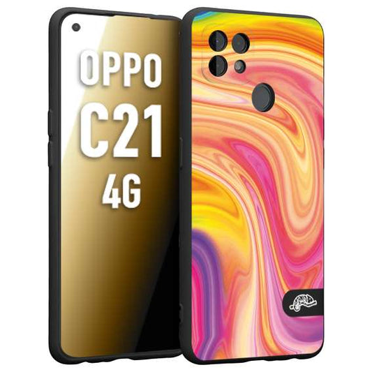 CUSTOMIZZA - Custodia cover nera morbida in tpu compatibile per Oppo Realme C21 4G colorata fantasia vortice marmo onde rosa fucsia gialla