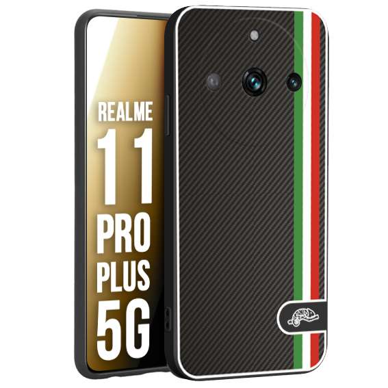 CUSTOMIZZA - Custodia cover nera morbida in tpu compatibile per Realme 11 PRO PLUS 5G effetto fibra di carbonio bandiera Italia made in Italy
