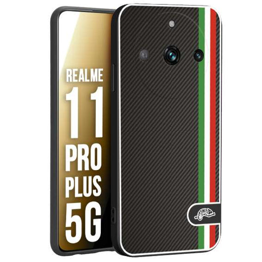 CUSTOMIZZA - Custodia cover nera morbida in tpu compatibile per Realme 11 PRO PLUS 5G effetto fibra di carbonio bandiera Italia made in Italy