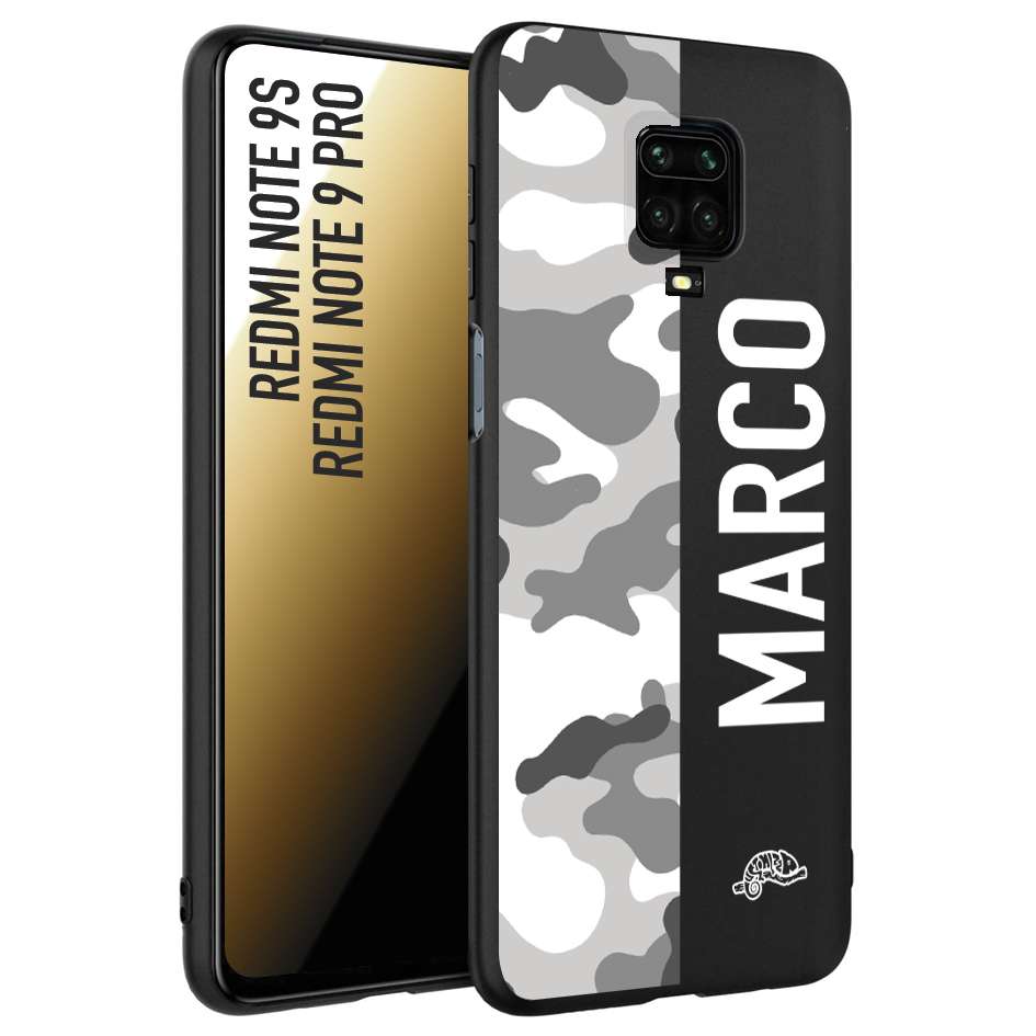 CUSTOMIZZA - Custodia cover nera morbida in tpu compatibile per Xiaomi Redmi Note 9S - Note 9 PRO camouflage mimetico militare personalizzata nome bianco