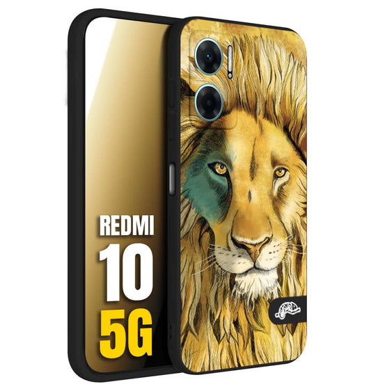 CUSTOMIZZA - Custodia cover nera morbida in tpu compatibile per Xiaomi Redmi 10 5G leone lion disegnato a mano giallo blu a rilievo artistico brown