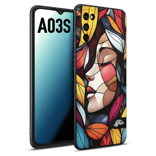 CUSTOMIZZA - Custodia cover nera morbida in tpu compatibile per Samsung A03S Vetrata artistica volto di donna profilo fogliare mosaico di vetro colorato