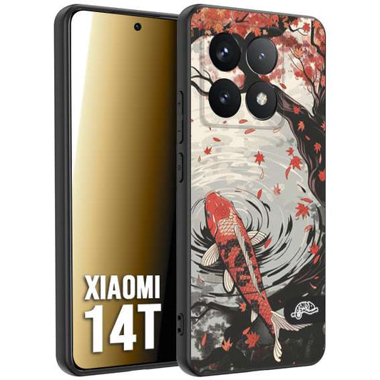 CUSTOMIZZA - Custodia cover nera morbida in tpu compatibile per Xiaomi 14T giapponese lago carpa koi rossa con foglie d'acero rosso disegnata tattoo