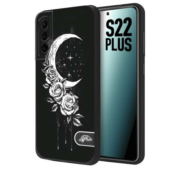 CUSTOMIZZA - Custodia cover nera morbida in tpu compatibile per Samsung S22 PLUS luna e fiori moon flowers black and white bianco a rilievo disegnato tattoo tatuaggio