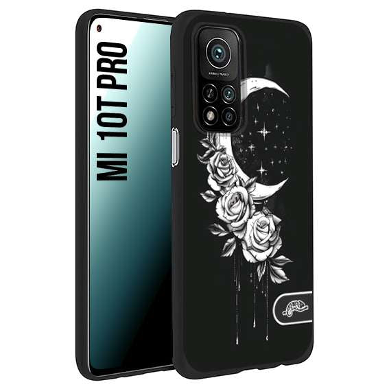 CUSTOMIZZA - Custodia cover nera morbida in tpu compatibile per Xiaomi Mi 10T PRO luna e fiori moon flowers black and white bianco a rilievo disegnato tattoo tatuaggio