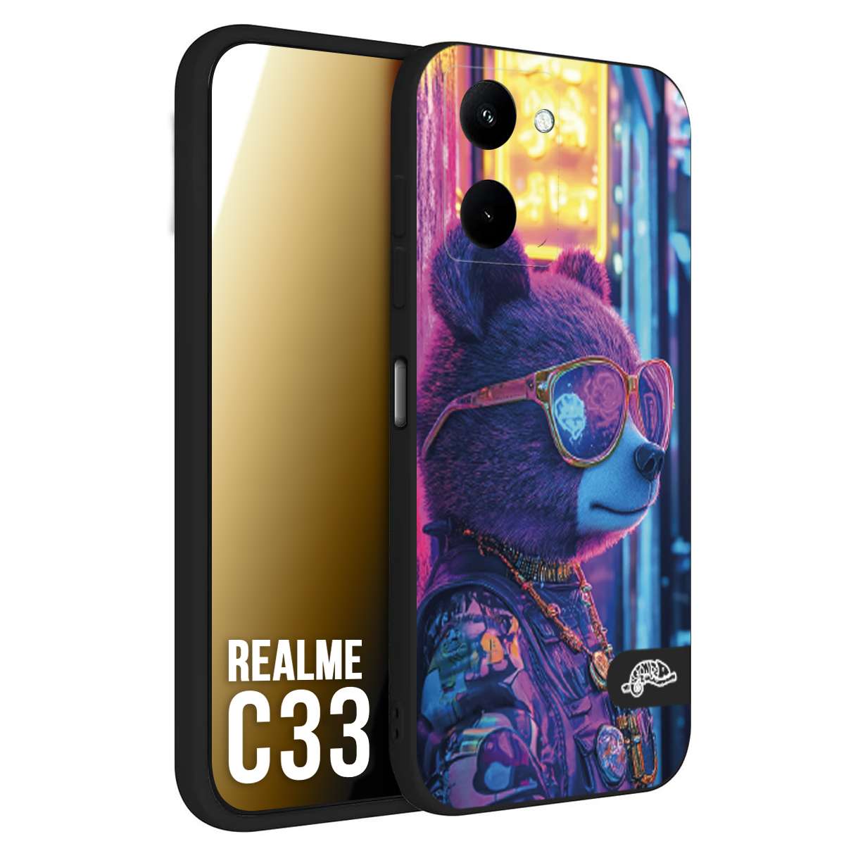 CUSTOMIZZA - Custodia cover nera morbida in tpu compatibile per Realme C33 animali cyberpunk orsetto orso street bear fucsia blu night