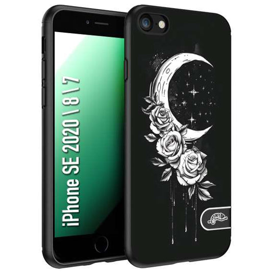 CUSTOMIZZA - Custodia cover nera morbida in tpu compatibile per iPhone 7 - 8 - SE 2020 / 2022 luna e fiori moon flowers black and white bianco a rilievo disegnato tattoo tatuaggio