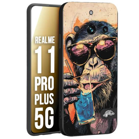 CUSTOMIZZA - Custodia cover nera morbida in tpu compatibile per Oppo Realme 11 PRO PLUS 5G estate disegnata cocktails animali simpatici scimmia monkey negroni